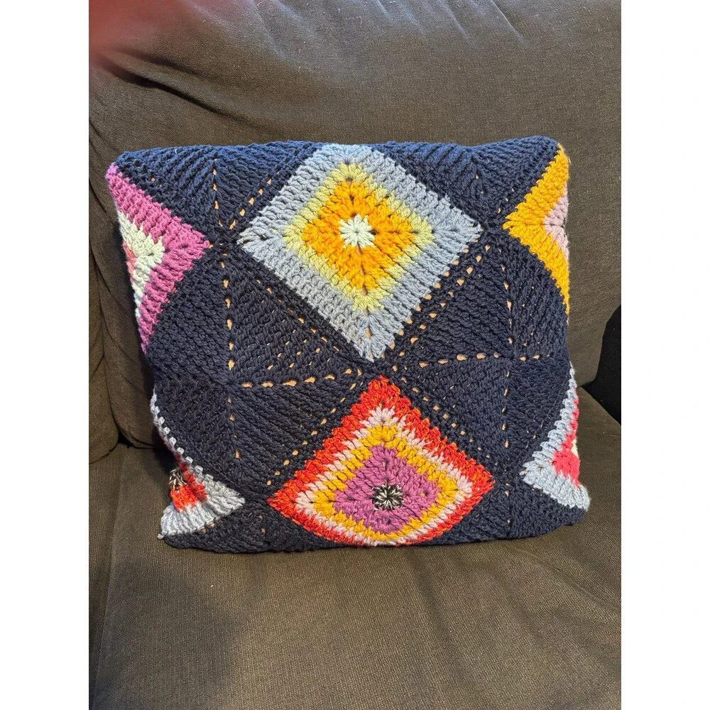 Handmade crochet throw pillow grannycore boho vintage geometric retro